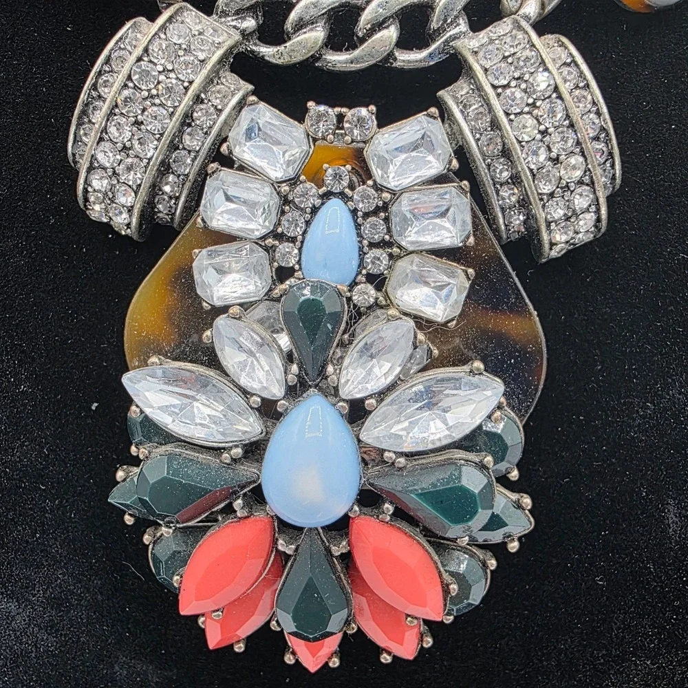Antique Silver‎ Statement Necklace Link Chain Lobster Multicolor Rhinestone 25